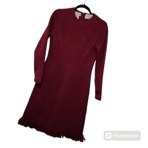 Vintage Wool Dress Red Burgundy Fringe Long Sleeve Knee Length Modest Mod S. MED